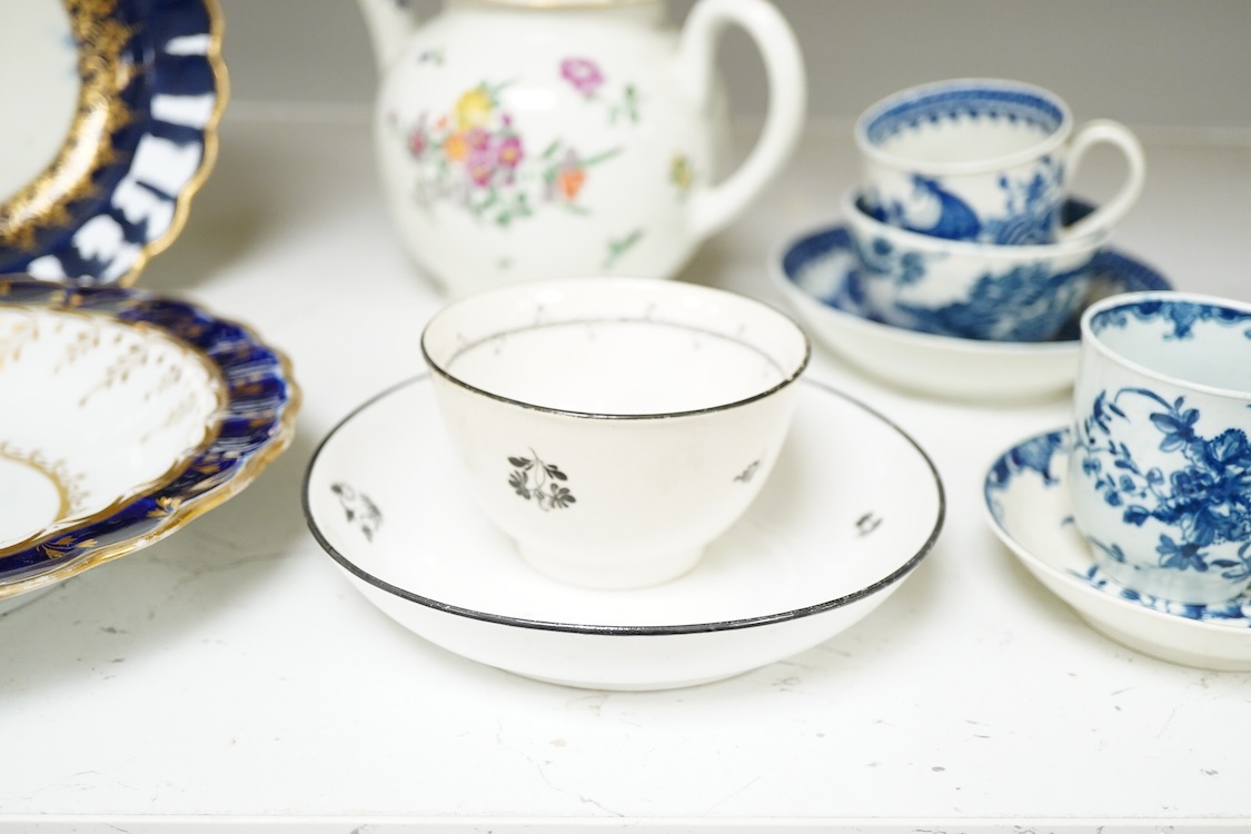 18th century tableware to include Chamberlains Worcester dish and blue and white Worcester teacups, largest 14cm high